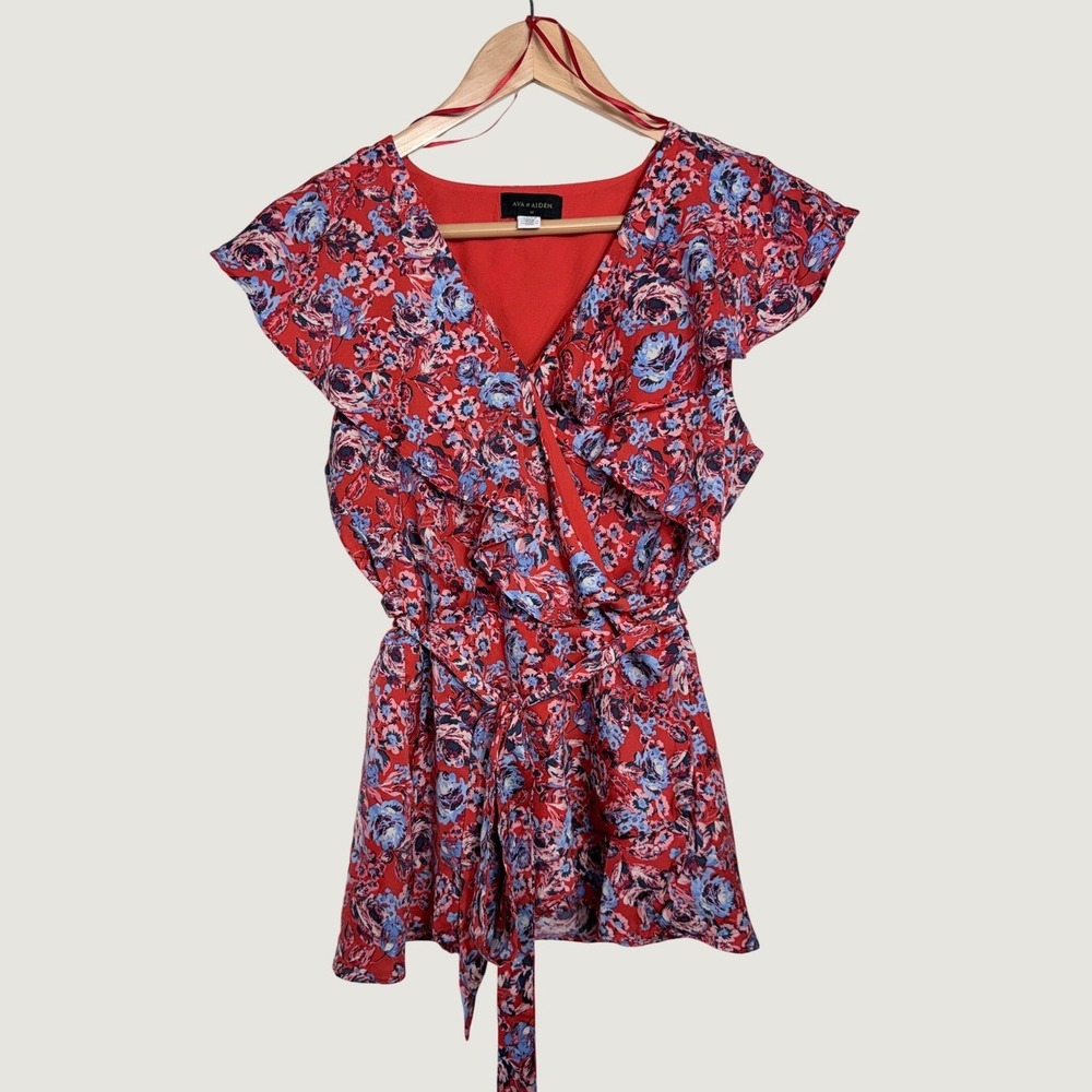 Ava & Aiden Top M Red Floral Ruffle Surplice Cap Sleeve SWF1810002 Romantic